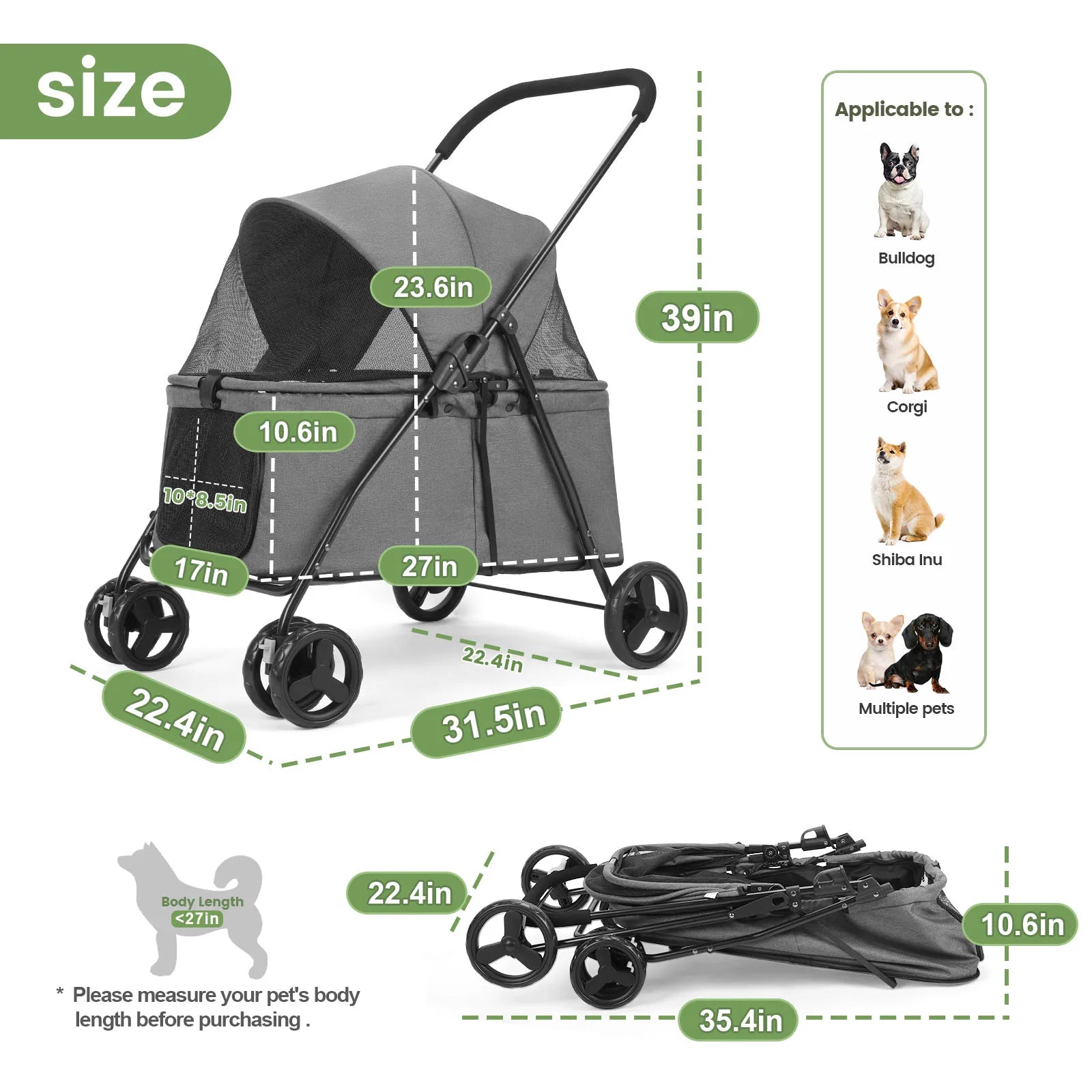 Pet stroller with dimensions and compatibility information on a white background