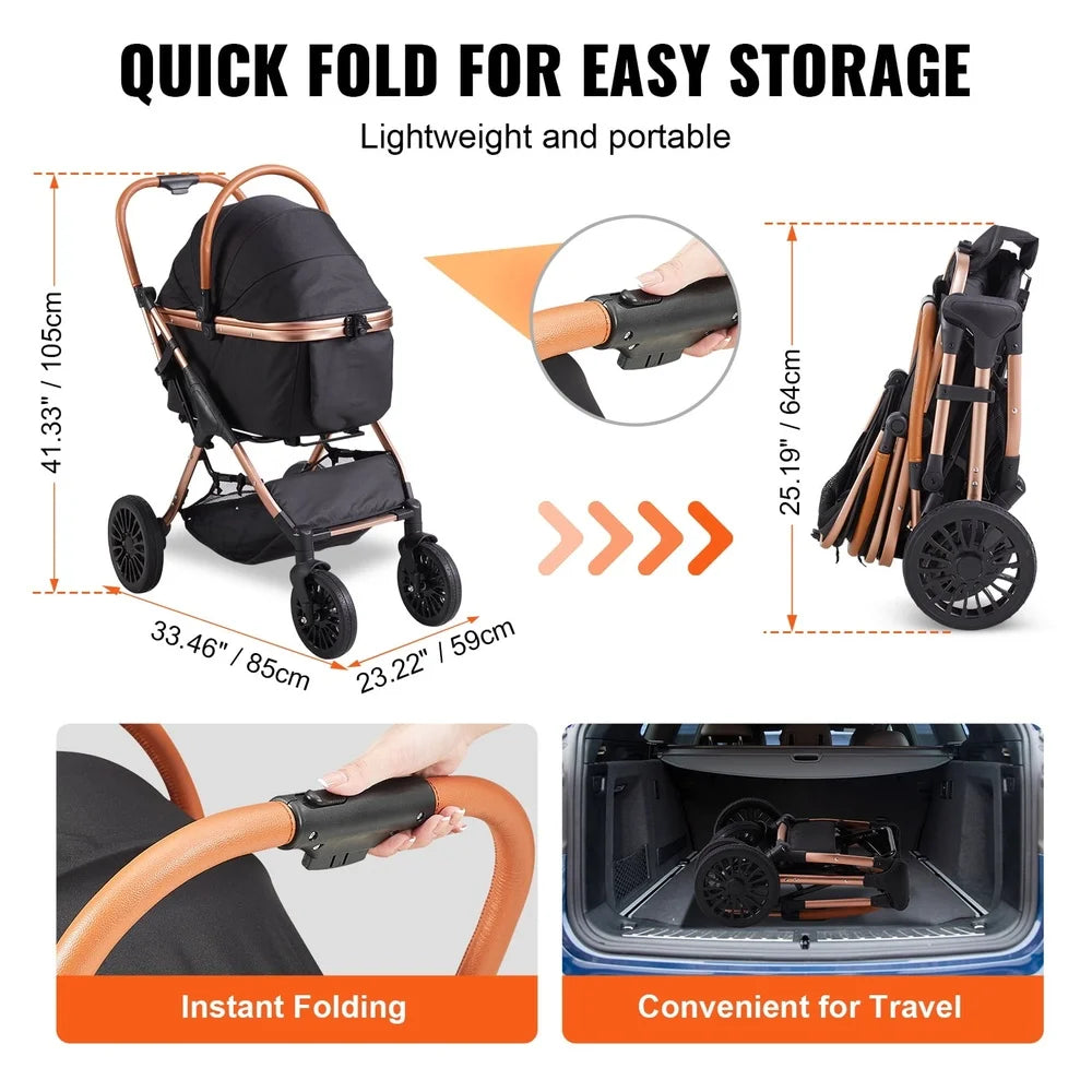 Foldable stroller with quick folding feature, dimensions, and convenience for travel.