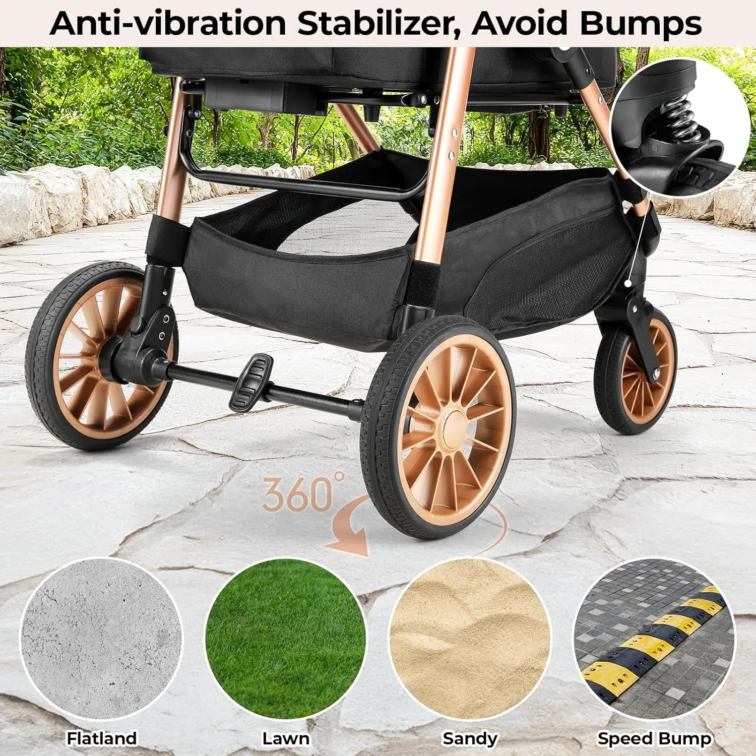 Stroller with anti-vibration stabilizer on a stone path, showing different ground conditions.
