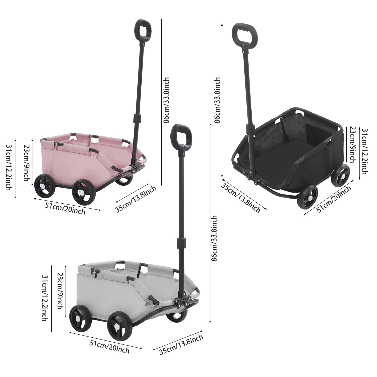 Dimensions of three different colored wagons on a white background