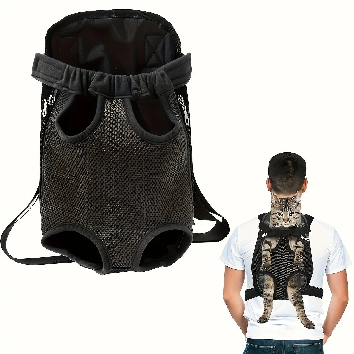 Black pet carrier backpack with a cat inside, worn by a person on a white background
