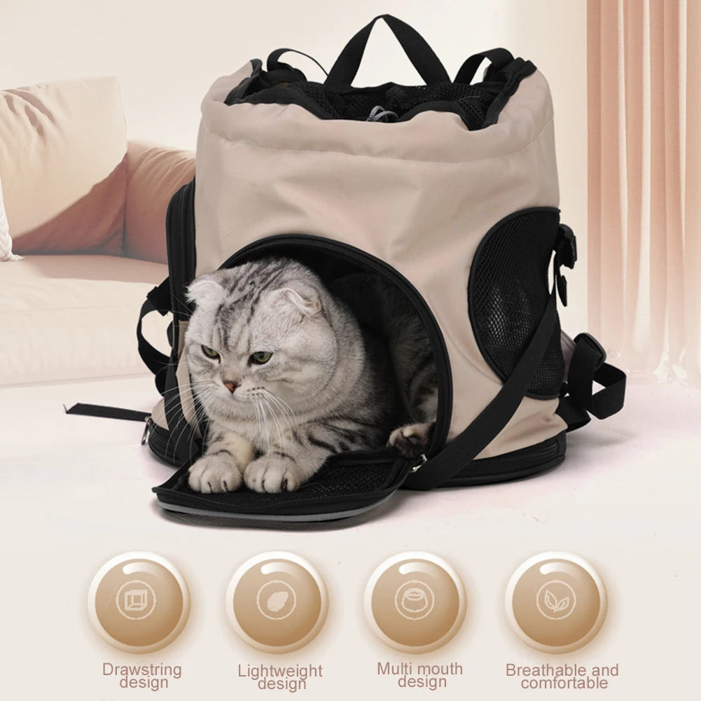 Cat in a beige pet carrier with black straps on a light-colored surface.