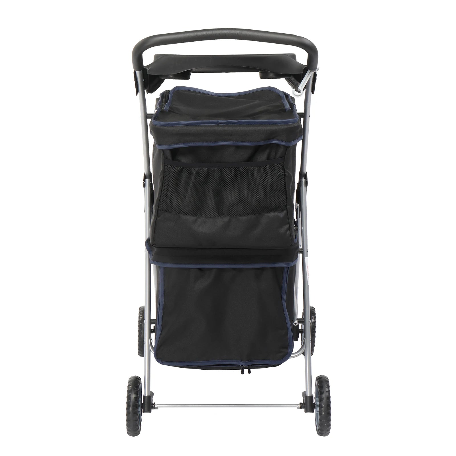 Black and blue stroller with storage compartments on a white background