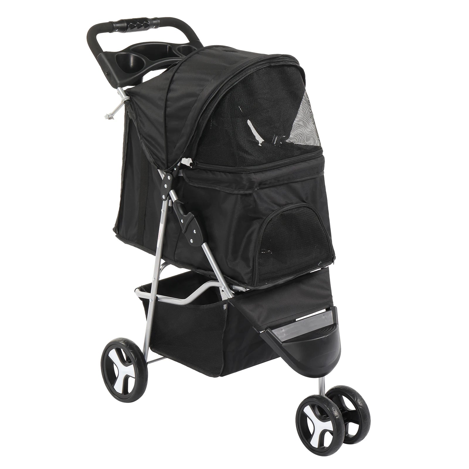 Black pet stroller on a white background
