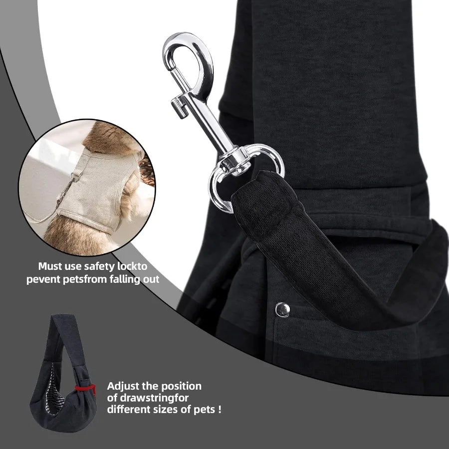 Pet carrier with safety lock and drawstring adjustment for pet sizes