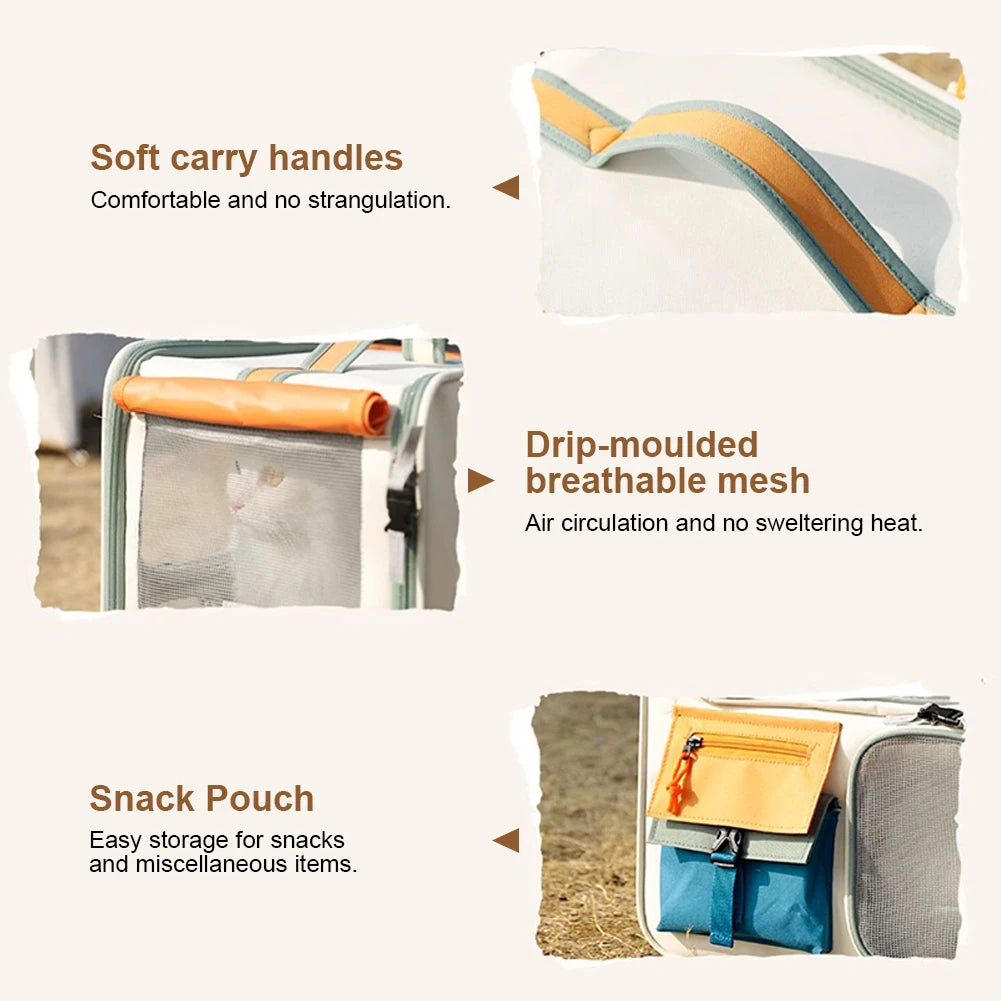 Product features with text on soft carry handles, drip-moulded mesh, and snack pouch.