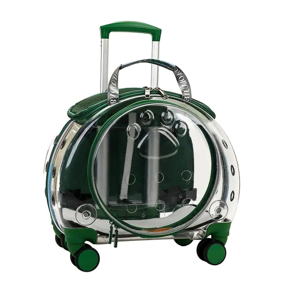Clear round suitcase with green accents on a white background