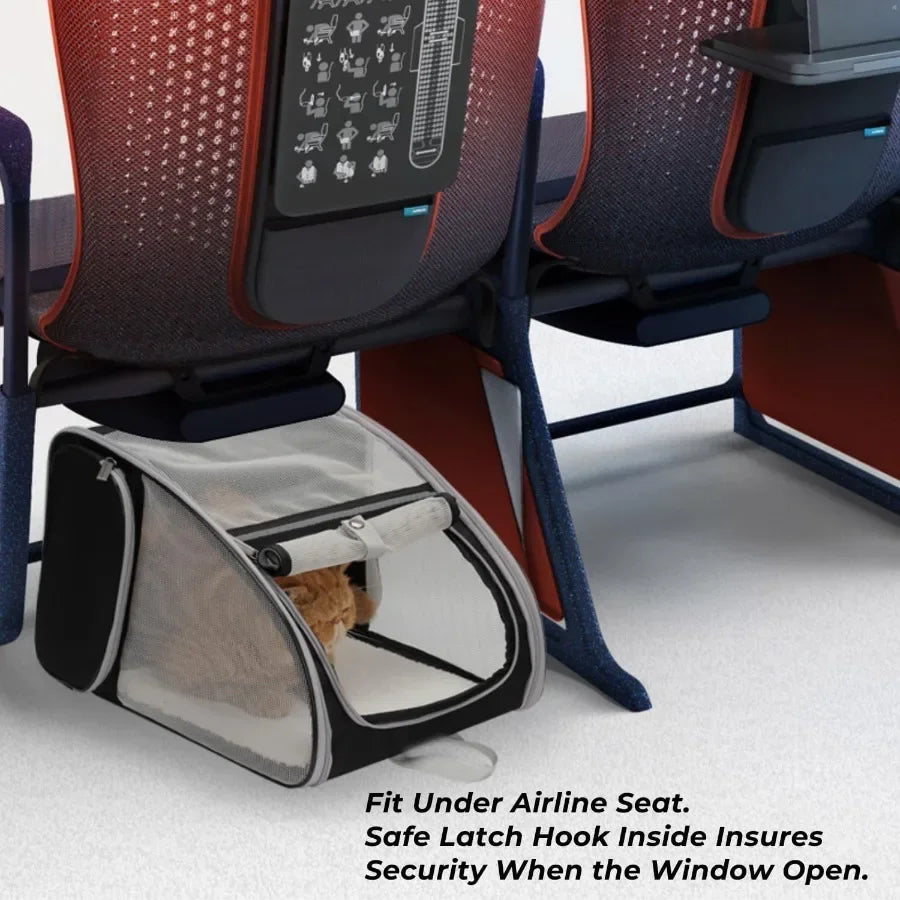 Pet carrier fit under an airplane seat with a cat inside, showing safety features.