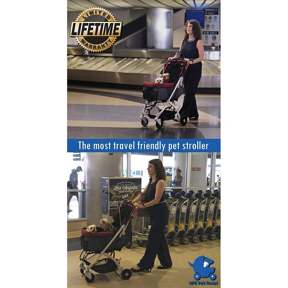 Woman pushing a pet stroller with a dog at an airport, featuring Lifetime brand logo.