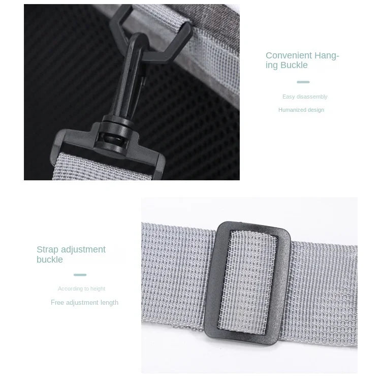 Gray bag with a black strap adjustment buckle on a white background
