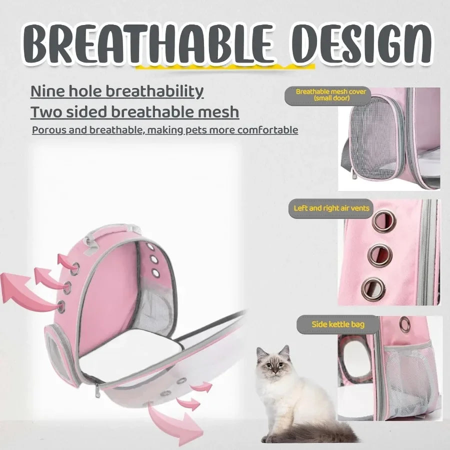 Pink pet carrier with breathable design features and a cat inside on a white background.