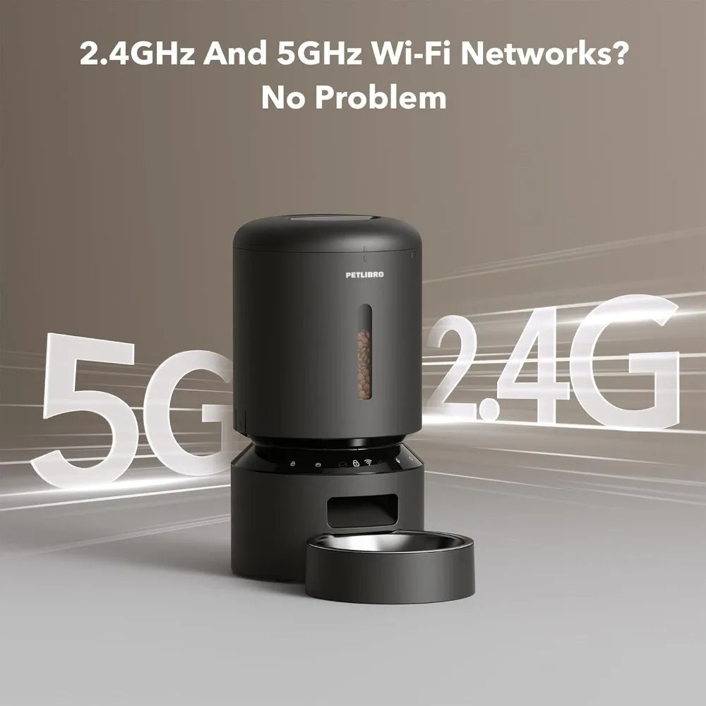 Black pet feeder with '2.4G' and '5G' text on a gray background