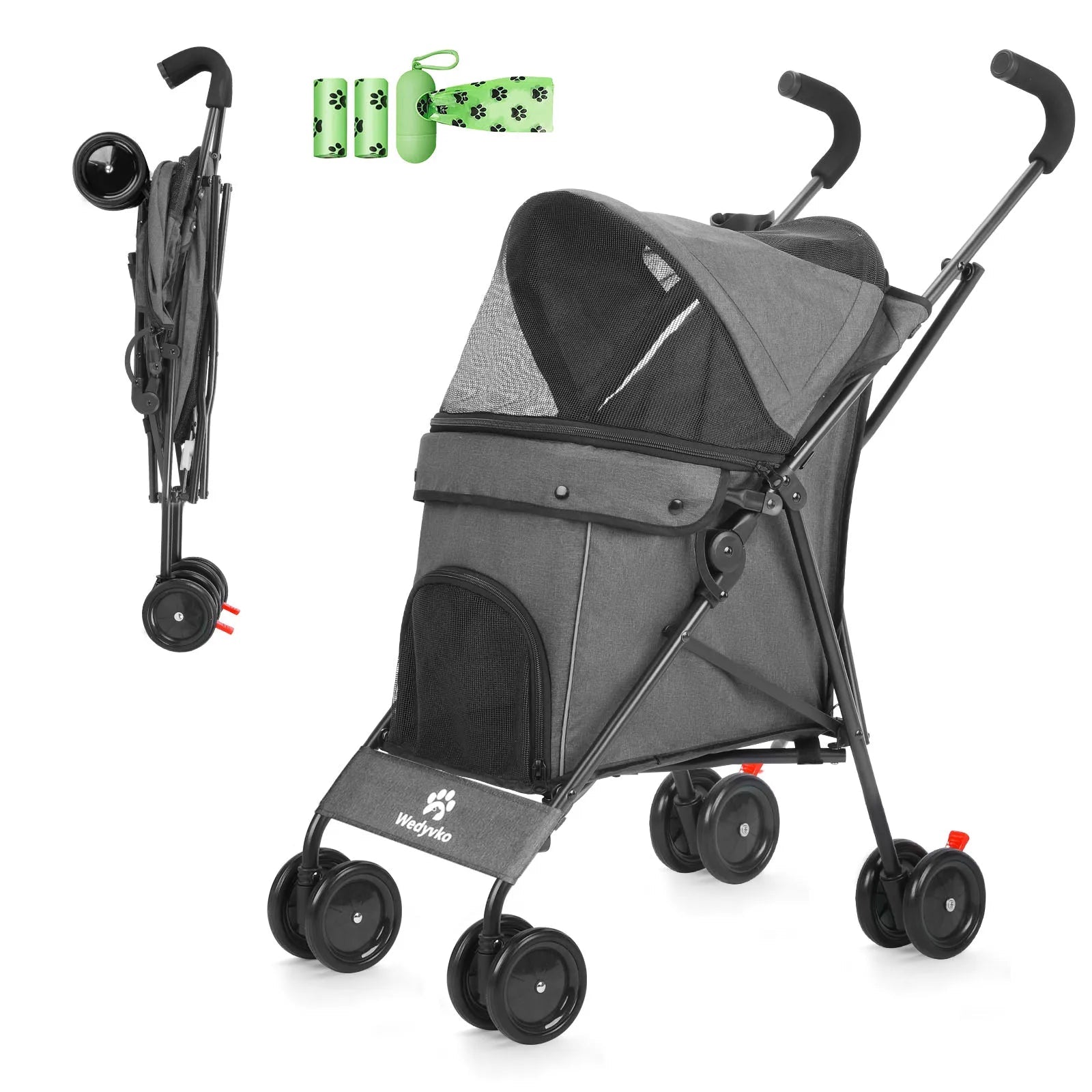 Gray pet stroller with a small dog, green bags, and umbrella on a white background