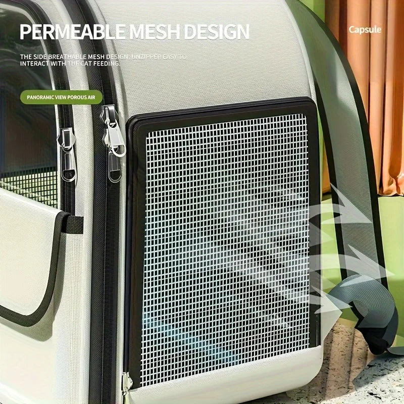 Permeable mesh design on a pet carrier with text overlay