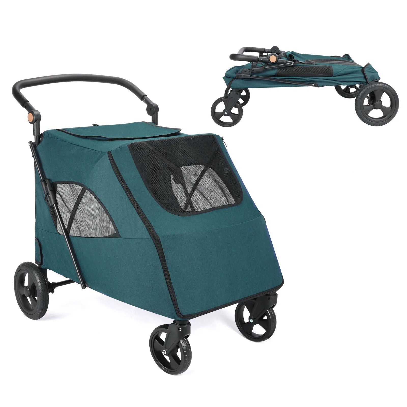 Green pet stroller with a dog sitting next to it on a white background