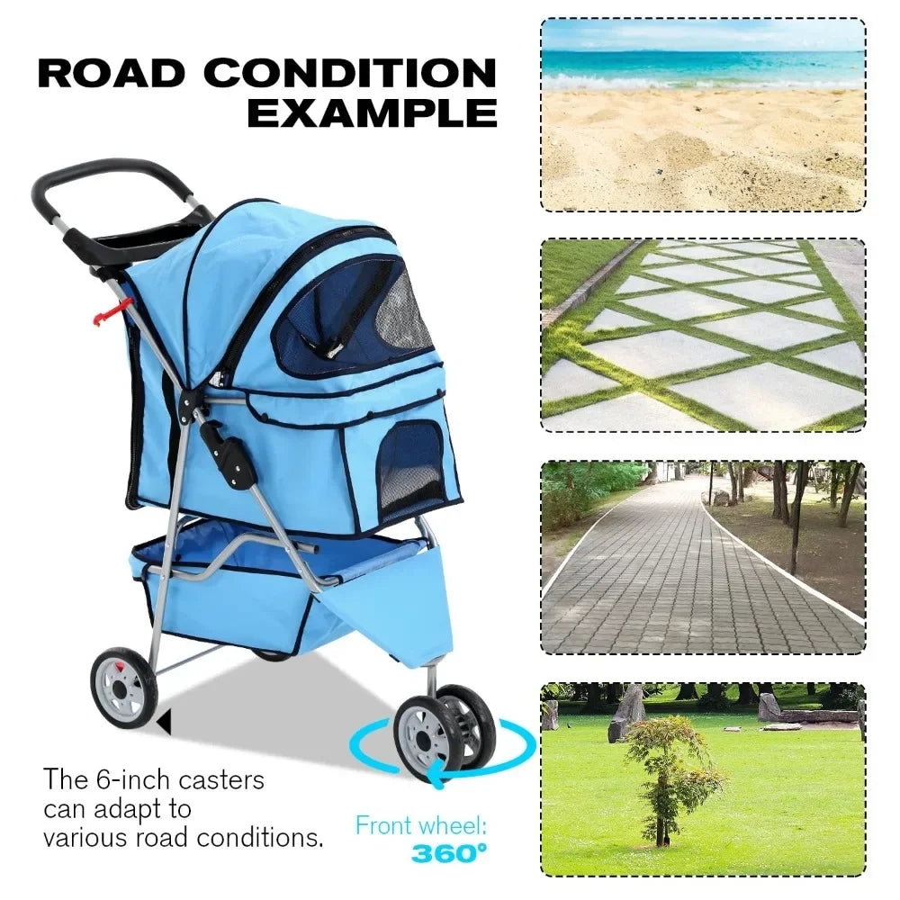 Blue pet stroller with road condition examples on a white background
