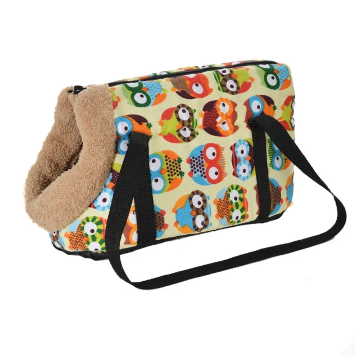 Pet carrier with owl pattern on a white background