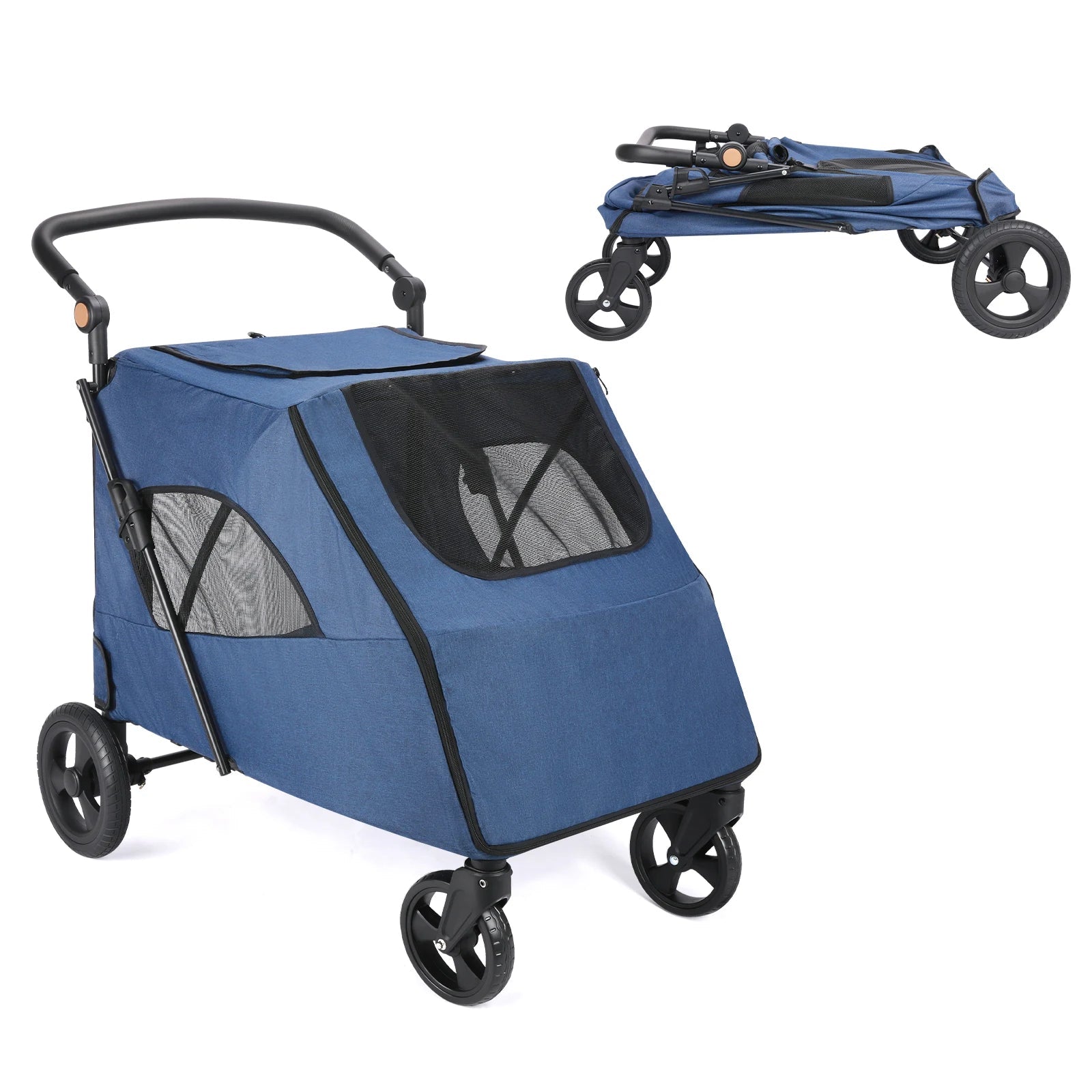 Blue pet stroller with a dog sitting next to it on a white background