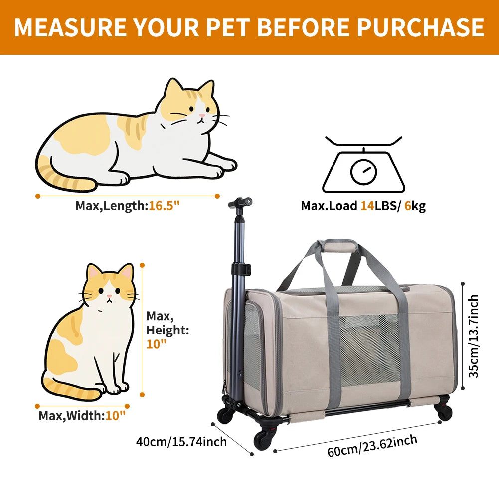Pet carrier with measurements and a cat illustration for scale, featuring text to measure pet before purchase.