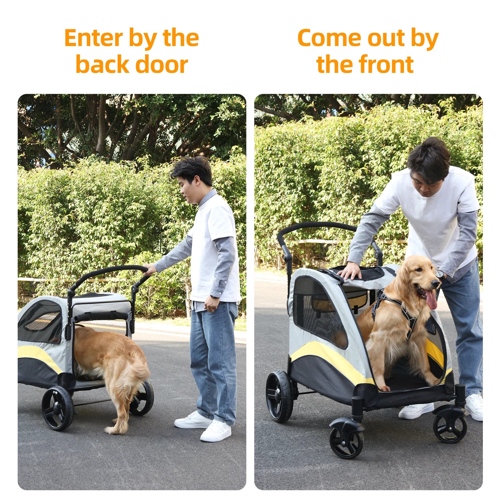 Person pushing a dog stroller with a dog inside, with text instructions on entering and exiting.
