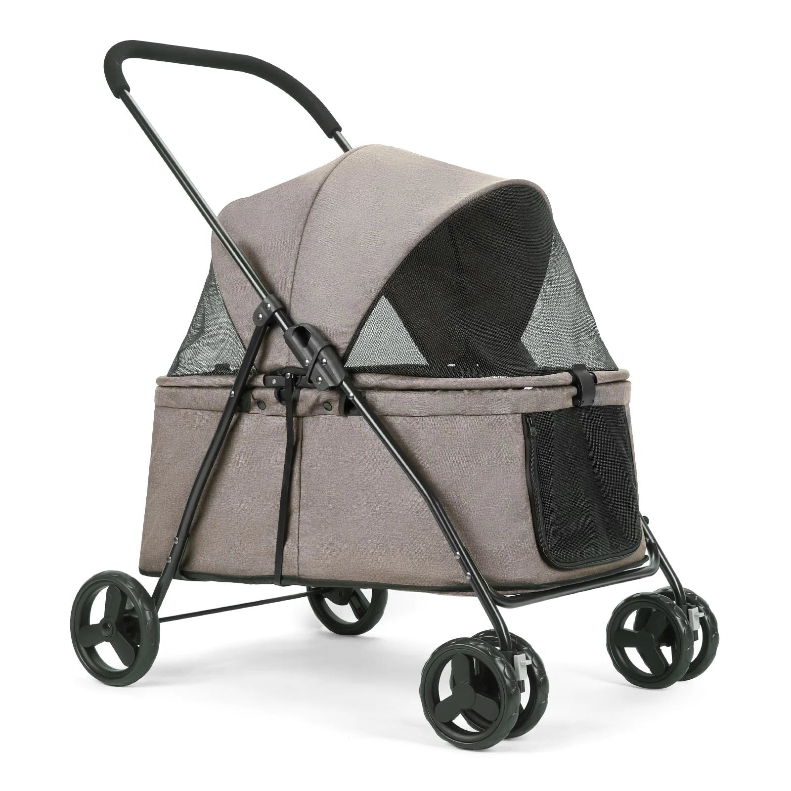 Pet stroller with a beige and black design on a white background