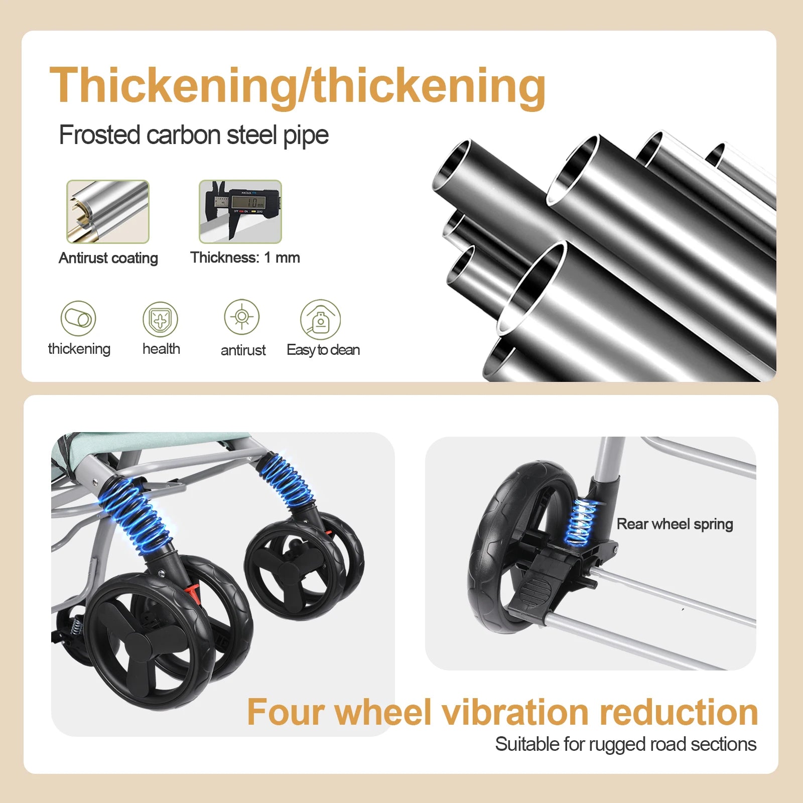 Carbon steel pipe with antirust coating and thickness, shown with a scooter for four-wheel vibration reduction.