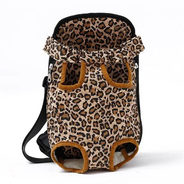 Leopard print pet carrier with brown accents on a white background