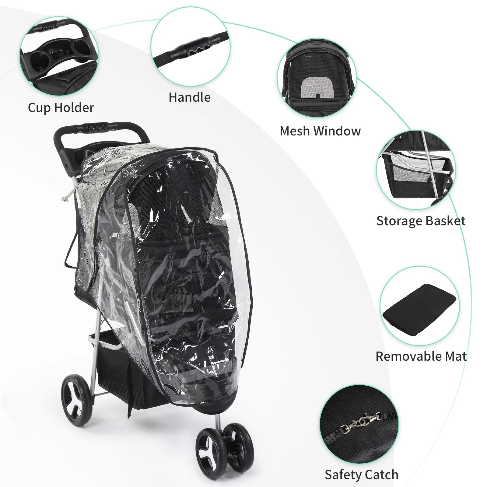 Black stroller with clear rain cover, labeled parts on a white background