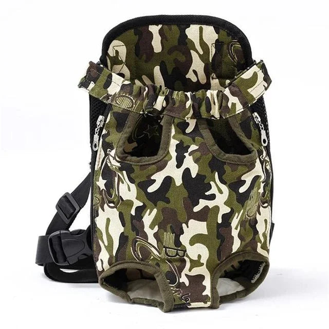 Camouflage-patterned pet harness on a white background
