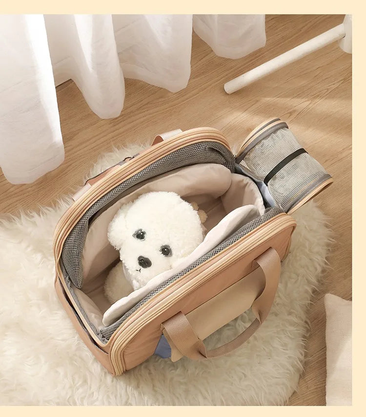 Pet carrier with a small white dog inside on a wooden floor.