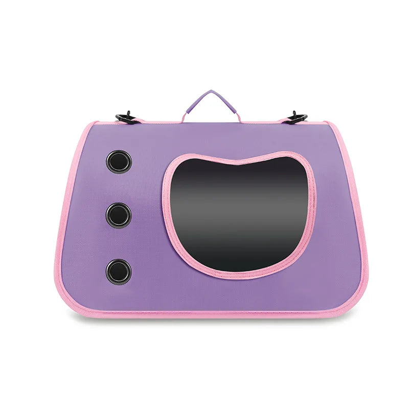 Purple pet carrier with pink trim on a white background
