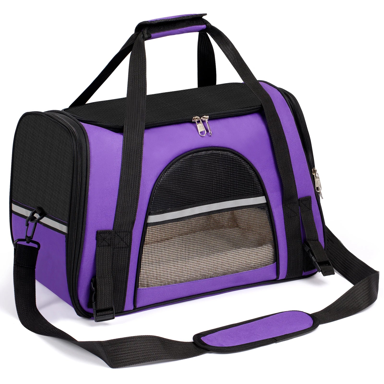 Purple pet carrier with black straps on a white background