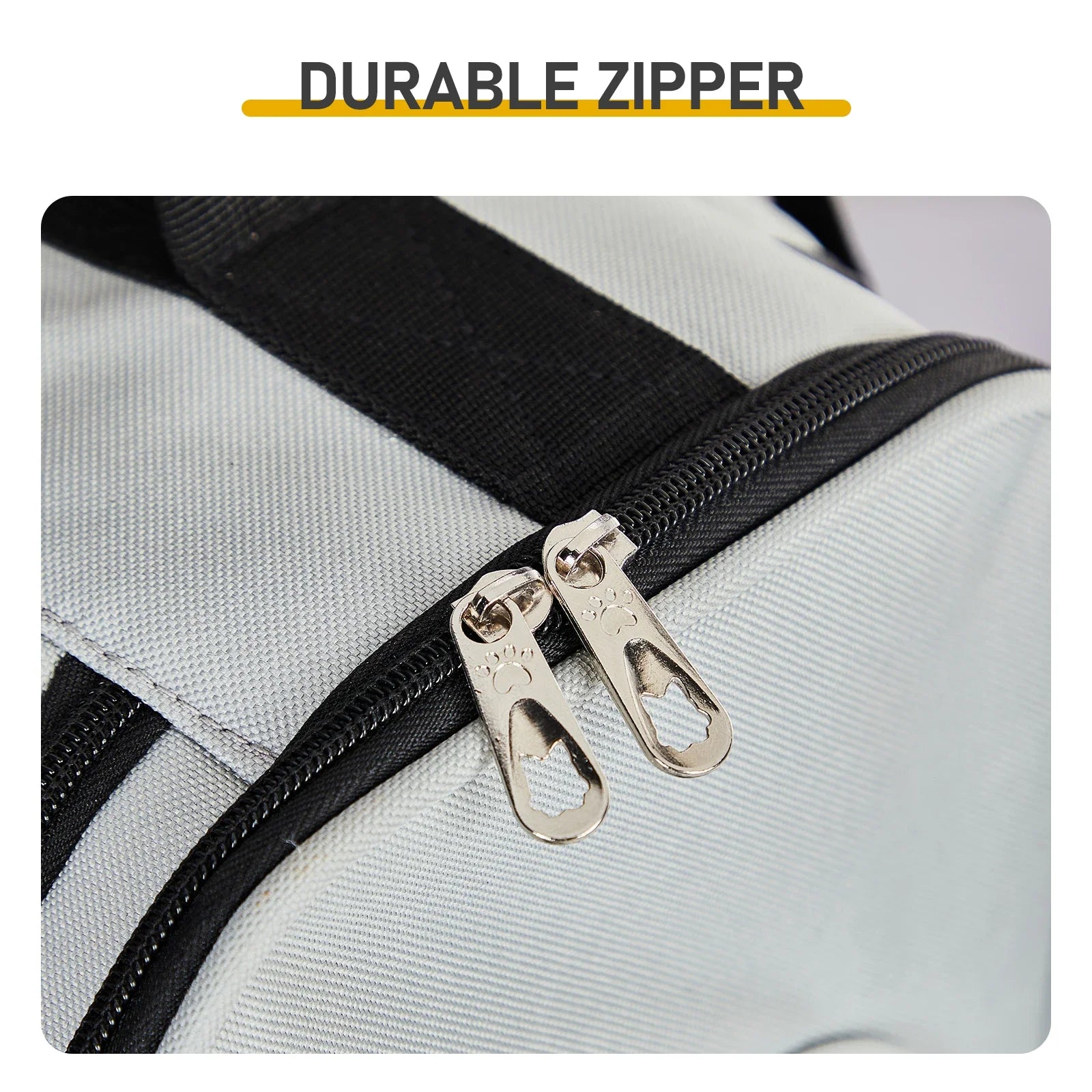 Close-up of a durable zipper on a bag with 'Durable Zipper' text above.