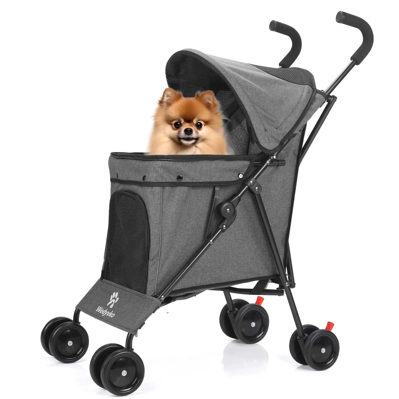 Dog in a gray stroller on a white background