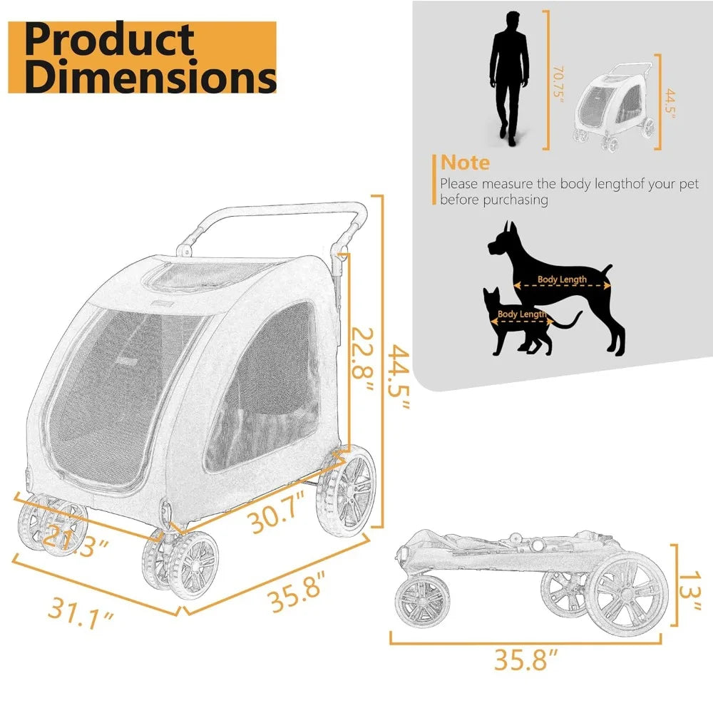 Dimensions of a pet stroller with measurements in inches