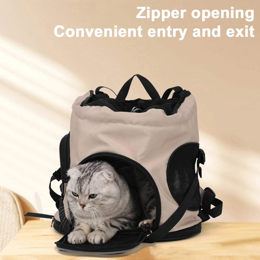 Pet carrier with a cat inside, featuring a zipper opening for convenient entry and exit on a beige background.