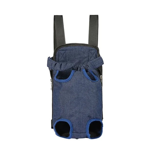 Blue pet carrier with black straps on a white background