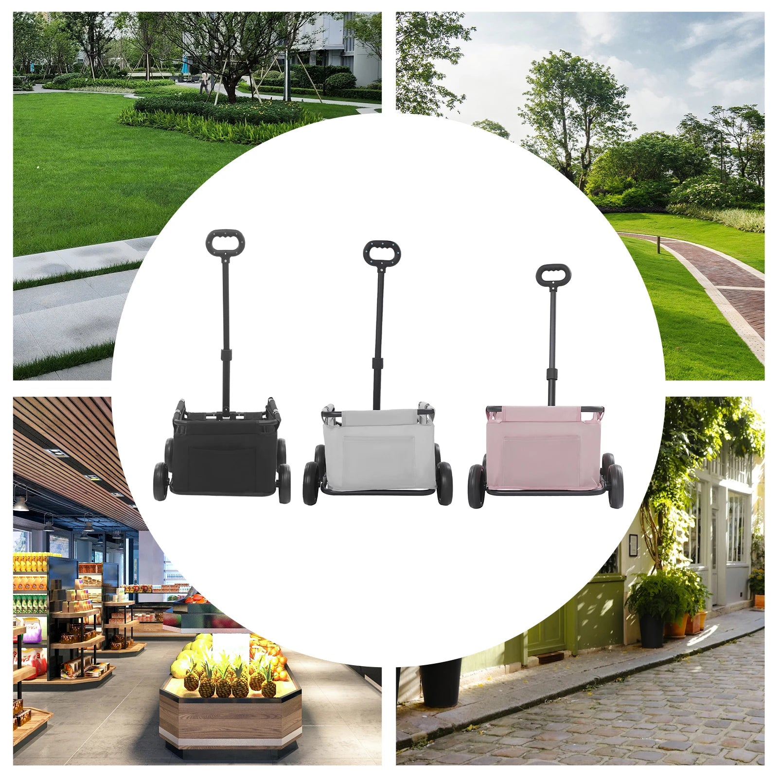 Three portable carts in black, gray, and pink on a white background with outdoor scenes.