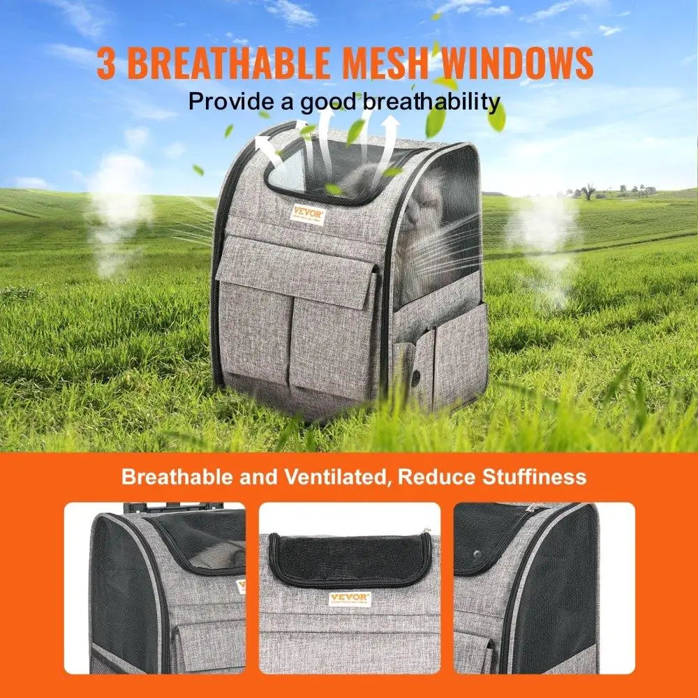 Pet carrier with breathable mesh windows in a grassy field