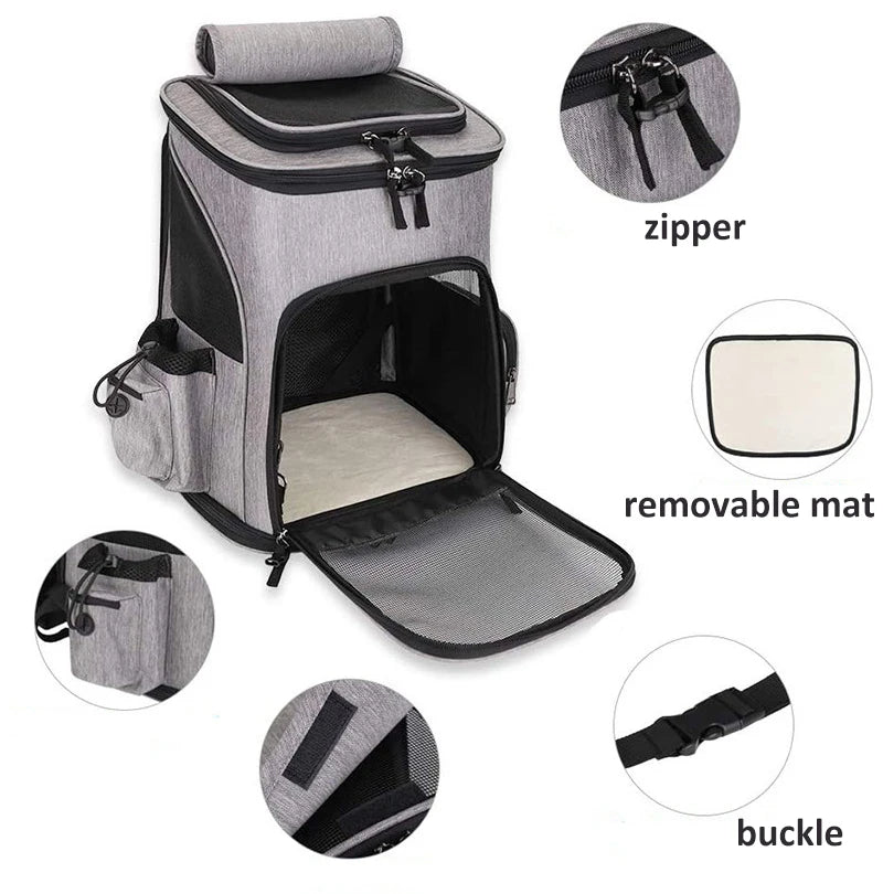 Pet carrier with features highlighted on a white background