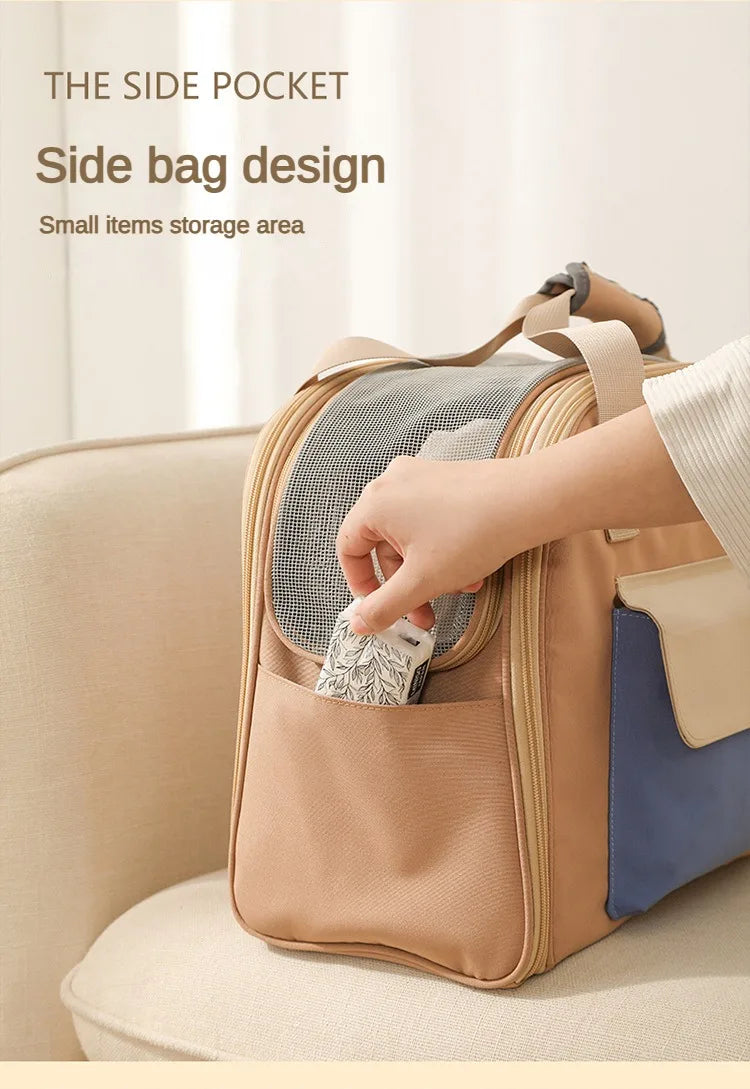 Side pocket of a bag with a hand placing an item inside, on a neutral background.