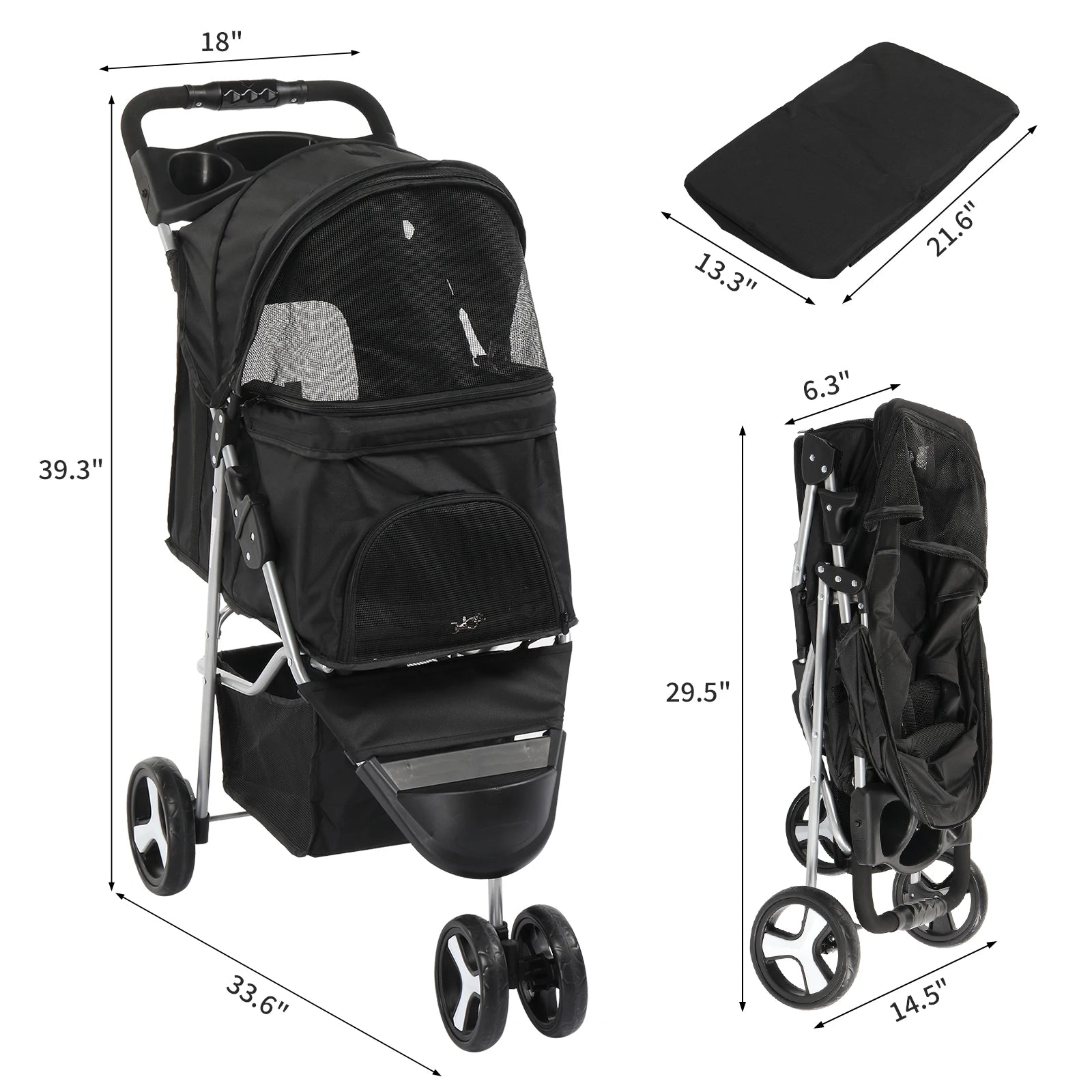 Black pet stroller with dimensions on a white background