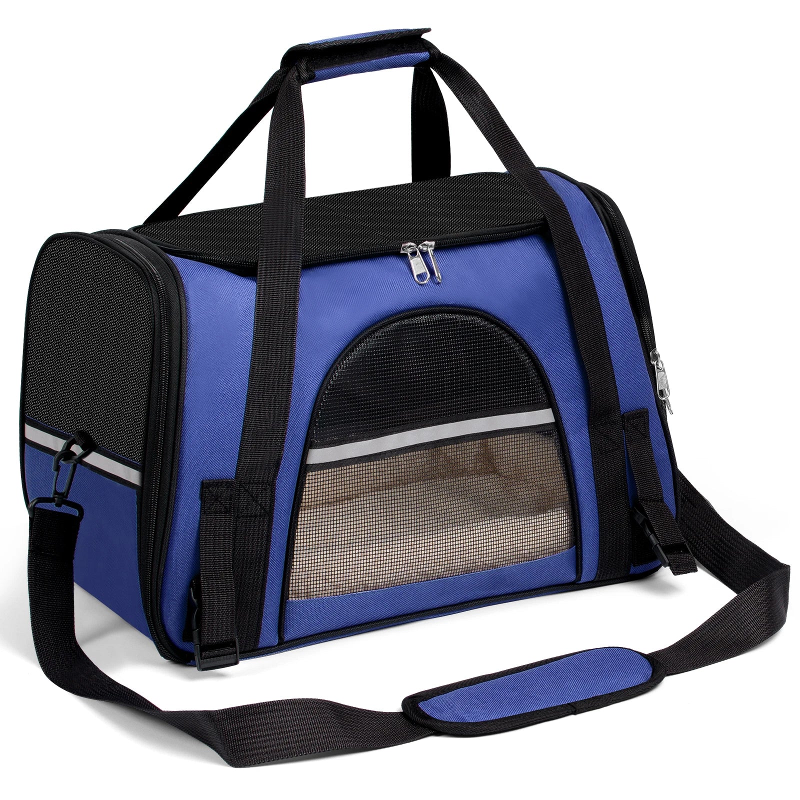 Blue pet carrier with black straps on a white background