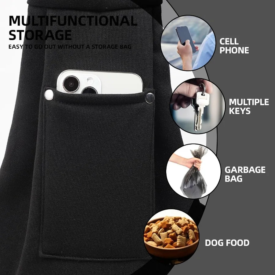 Black apron with a pocket for multifunctional storage, including phone, keys, garbage bag, and dog food.