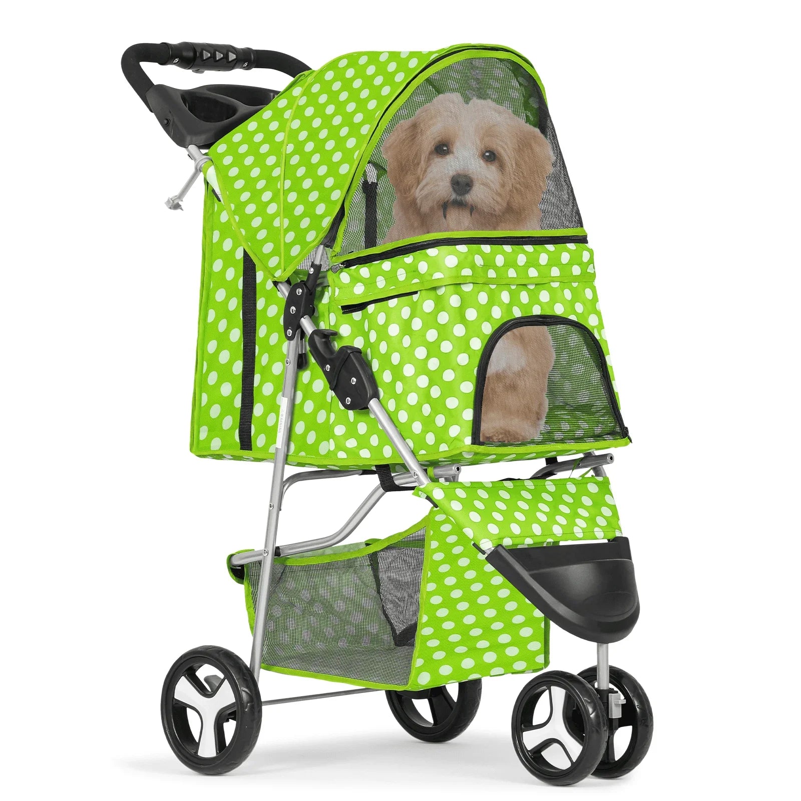 Green polka dot pet stroller with a dog inside on a white background