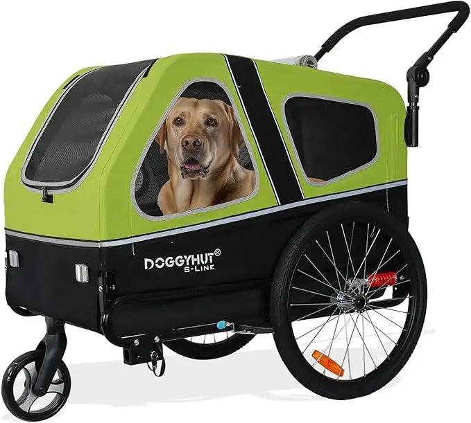 Green and black dog bike trailer with a dog peeking out, branded 'Doggystep'.