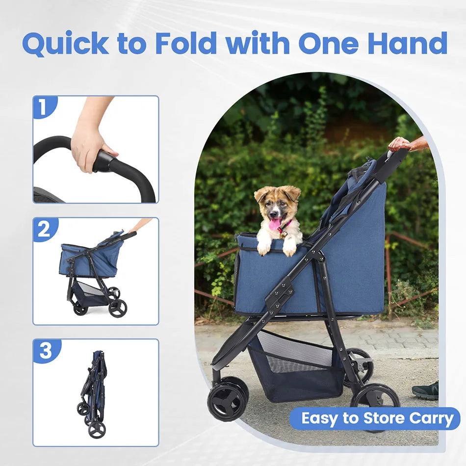 Pet stroller with a dog inside, shown being folded and unfolded with text indicating ease of use.