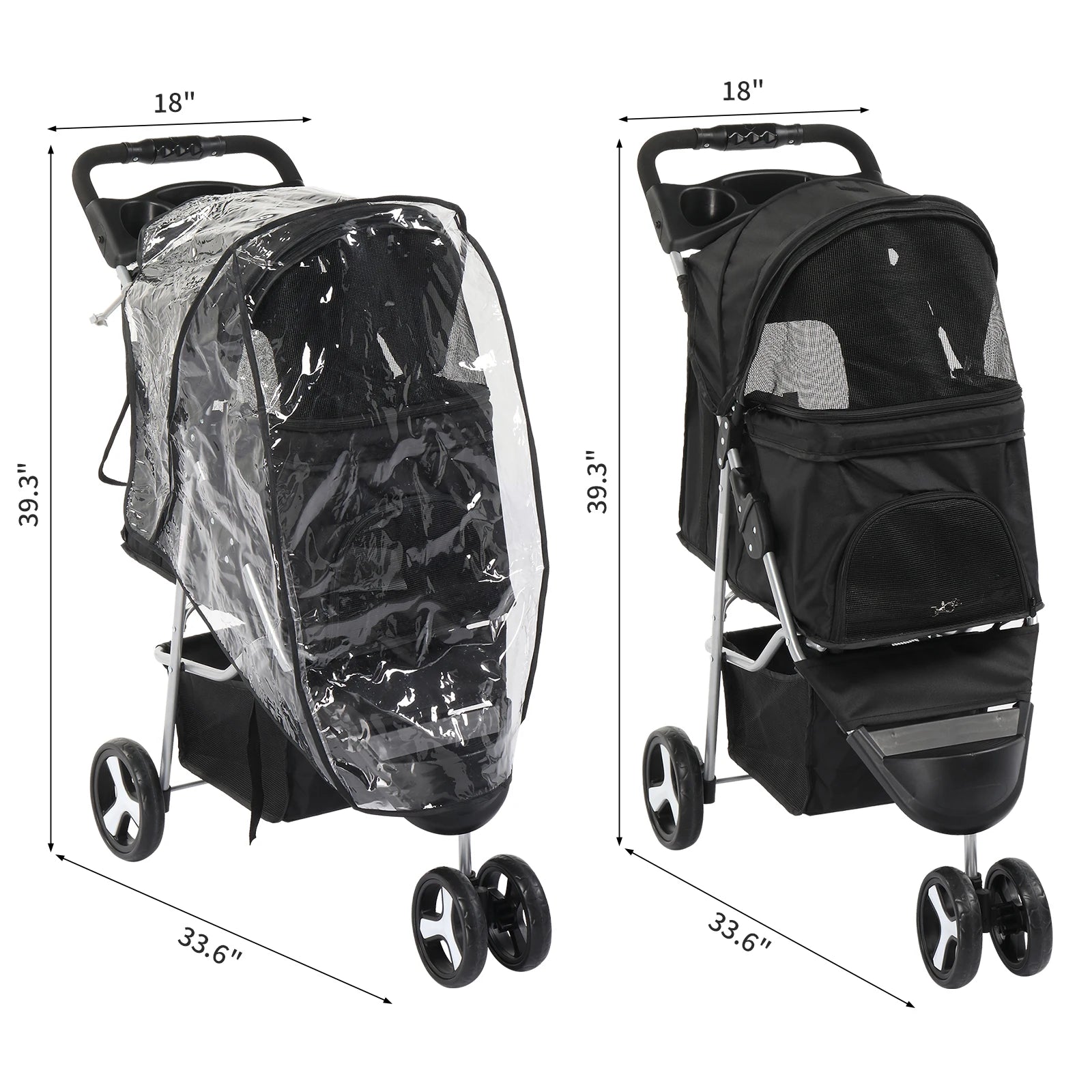 Dimensions of a black pet stroller with clear rain cover on a white background