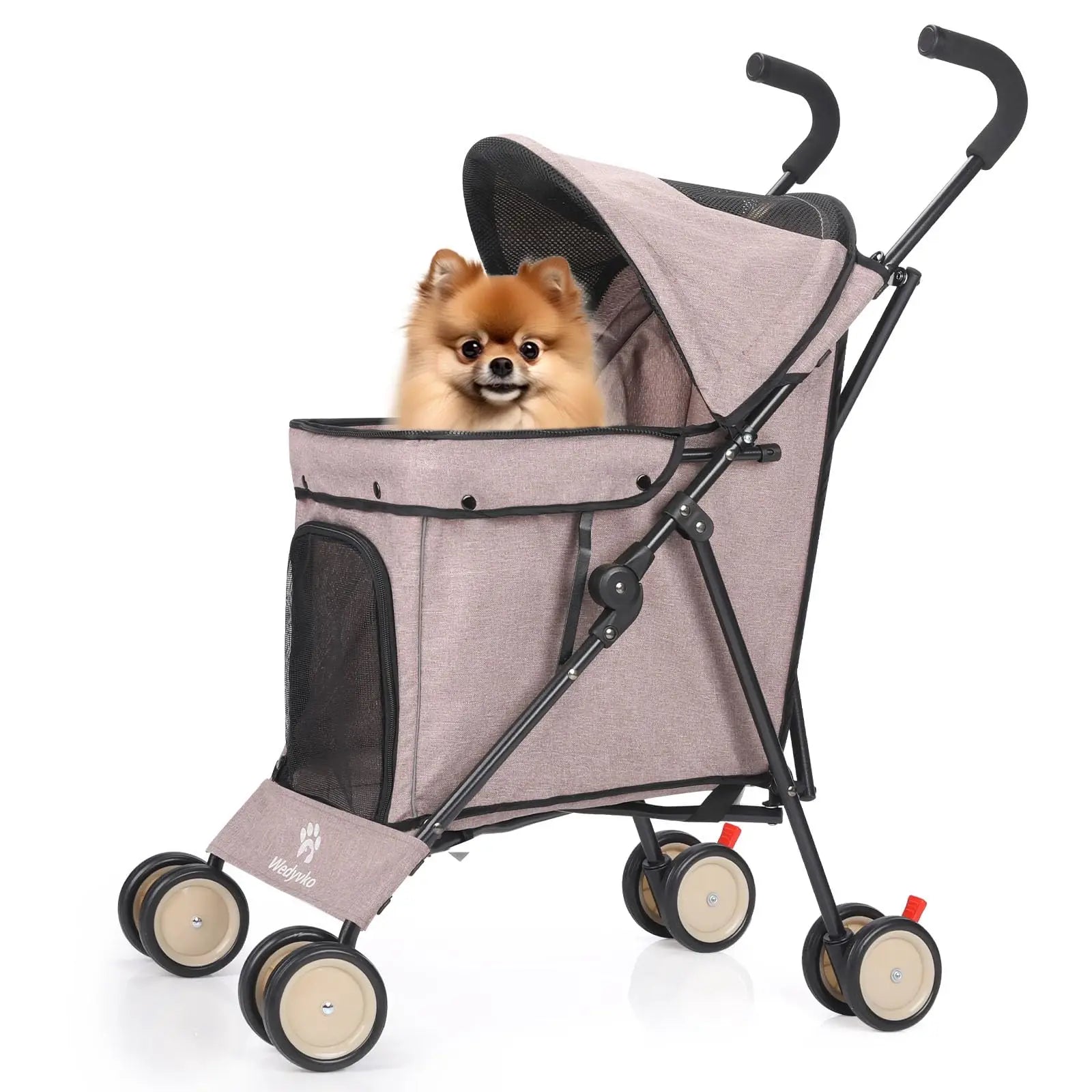 Pet stroller with a small dog inside on a white background