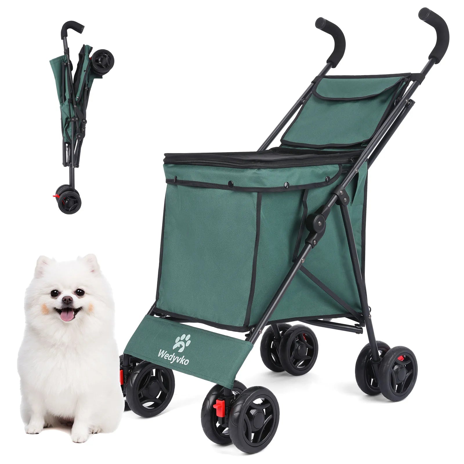Green pet stroller with black wheels and handle, featuring a small white dog next to it on a white background.
